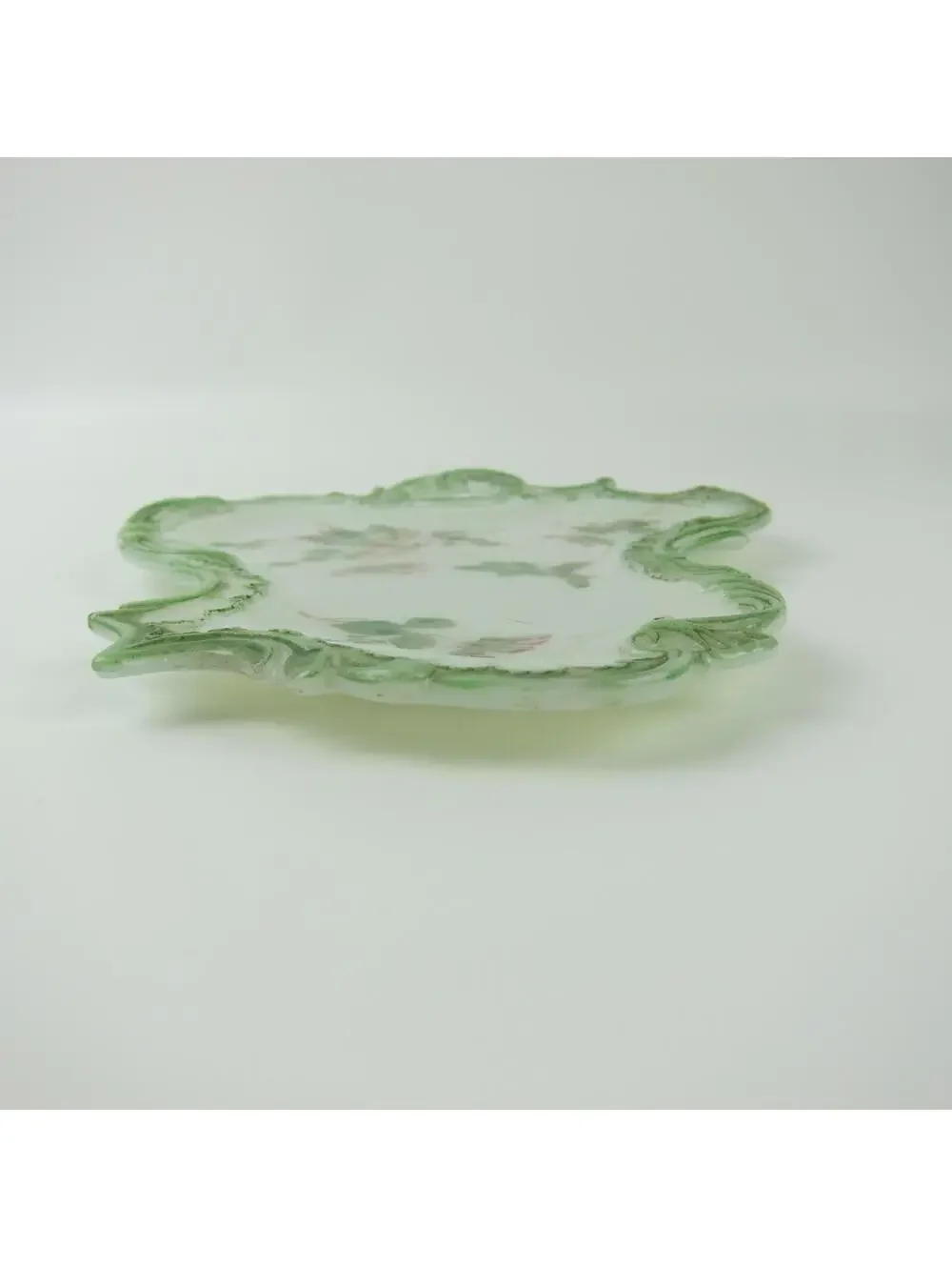 Vintage Milk Glass Vanity Tray / Candy Dish Green & Pink Flowers Open Handle